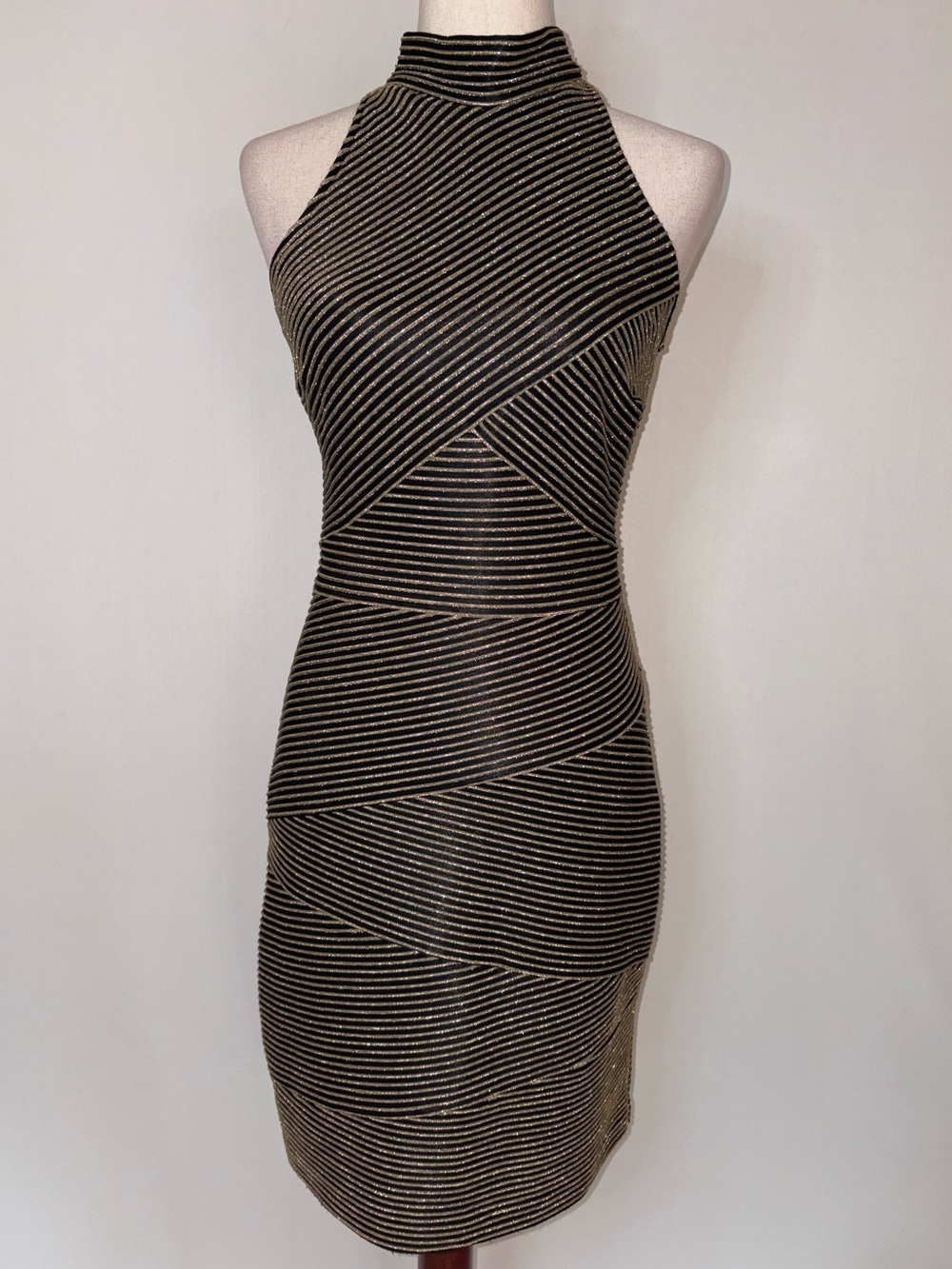 Susan Roselli for Vijack Vintage 80s Gold Striped Halter Bodycon Dress Size 10